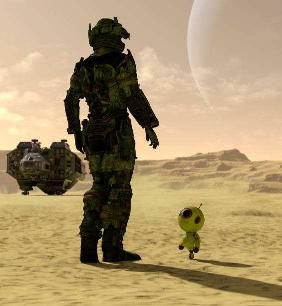 Space traveler with a small robot exploring a new planet - 3d rendering