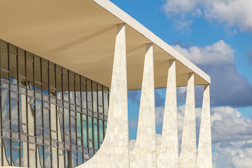 Goiânia, Goias, Brazil – December 25, 2021: Detail of the Planalto Palace in Brasília. It is here that the Presidency of the Republic is located. It is a work of the architect Oscar Niemeyer.