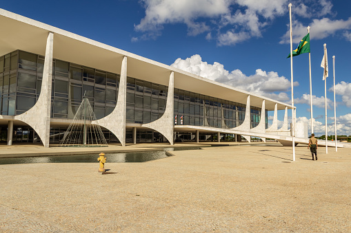 Goiânia, Goias, Brazil – December 25, 2021: The Planalto Palace in Brasília - Brazil. This is where the Office of the President of the Republic is located. It is a work by the architect Oscar Niemeyer.