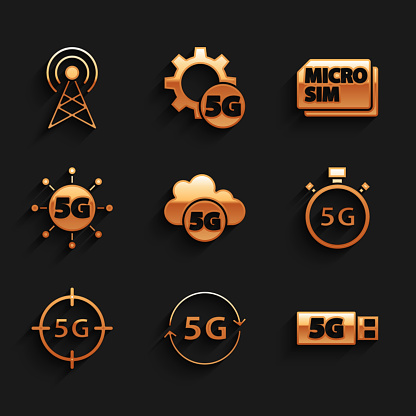 Set Cloud 5G network, modem, Digital speed meter, Micro Sim Card and Antenna icon. Vector