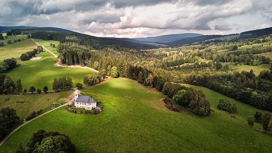 Aerial drone photography of Kostel sv. Jana Nepomuckého, Orlické Mountains, Czech Republic