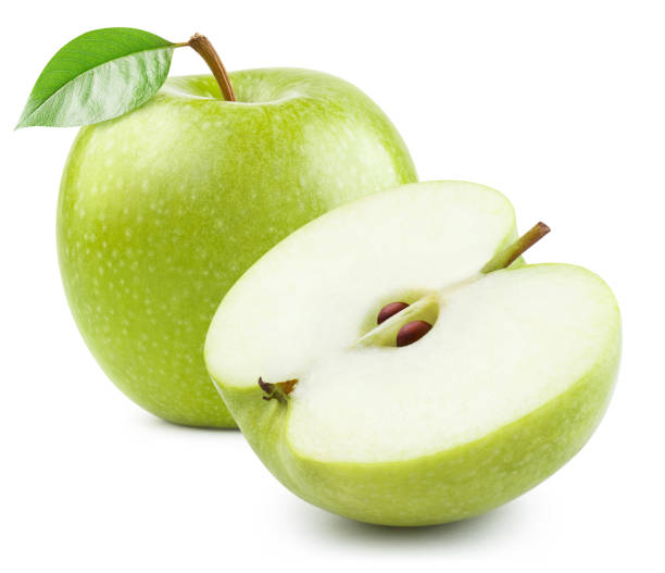 istock Whole green apple and a half on white 1361573316