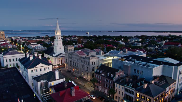 Drone Flight Towards the Battery in Charleston, SC at Twilight