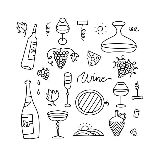 doodle ręcznie rysuje elementy wina ustawione na białym tle. liniowe butelki, szklanki, winogrona itp. kolekcja ilustracji wektorowych linii. - cheese wine white background grape stock illustrations