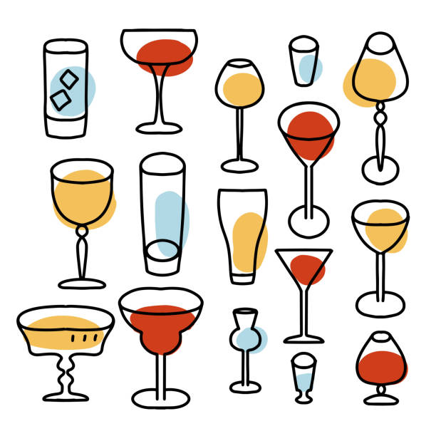 линия бокалов, коктейльная чашка иконки набор. запой, напитки, шампанское, винные элементы стеклянной посуды с абстрактными формами. праздн - martini glass wineglass wine bottle glass stock illustrations