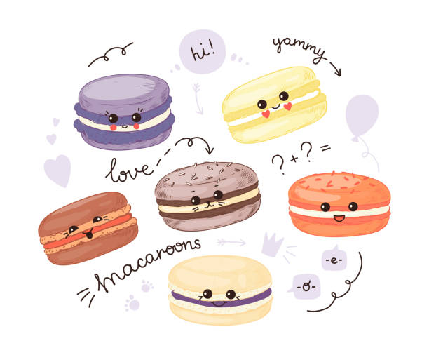 Kawaii macaron. Hand drawn cute French dessert with funny faces. Colorful macaroon bakery sketch. Yummy sweets of almond flour. Cartoon biscuit characters. Vector funny meringue food Kawaii macaron. Hand drawn cute French dessert with funny smiling faces. Colorful macaroon bakery sketch. Yummy sweets of almond flour. Cartoon happy biscuit characters. Vector funny meringue food macaroon stock illustrations