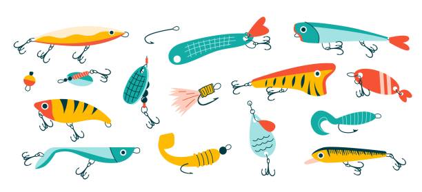 ilustrações de stock, clip art, desenhos animados e ícones de doodle fishing lure. abstract contemporary fishery baits of different sizes and shapes for angler. colored hand drawn fisher accessories with hooks. vector isolated plastic wobblers set - hobbies freshwater fish underwater panoramic
