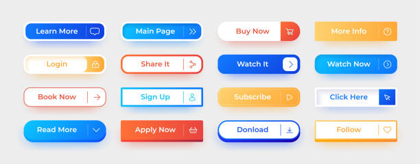 illustrations, cliparts, dessins animés et icônes de bouton de l’interface utilisateur web. éléments de l’interface d’action d’appel. regardez maintenant et suivez les icônes rectangulaires avec du texte. cliquez ici et abonnez-vous. connectez-vous et partagez des panneaux de menu modernes. jeu de - buy push button interface icons computer mouse