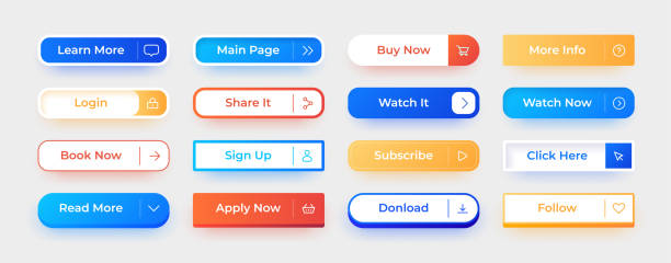 Web UI button. Call action interface elements. Watch now and follow rectangular icons with text. Click here and subscribe. Login and share modern menu signs. Vector user symbols set Web UI button. Call action interface elements. Watch now and follow rectangular icons with text. Click here and subscribe. Login and share modern digital menu signs. Vector isolated user symbols set reading menu stock illustrations