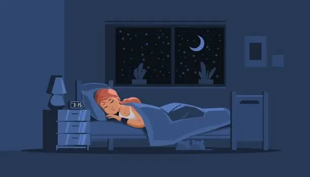 Vector illustration of Girl sleeping in bed. Night scene with young woman resting in her bedroom. Dream and relax on mattress with pillow and blanket. Person lying on bunk. Dark room. Vector illustration