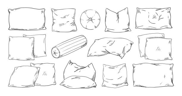 ilustraciones, imágenes clip art, dibujos animados e iconos de stock de boceto de almohada. dibujo de garabatos de cojines de plumas de confort caseros. ropa de cama ortopédica cómoda dibujada a mano. grabado vectorial dormitorio o sala de estar interior acogedor conjunto de accesorios suaves - pillow