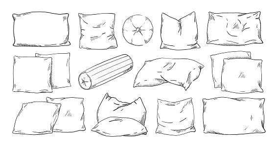 Pillow sketch. Doodle drawing of home comfort feather cushion shapes. Hand drawn comfortable orthopedic isolated bedding. Vector engraving bedroom or living room interior cozy soft accessories set