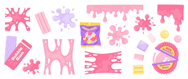 Bubble gum splashes. Cartoon chewing candy pink splatters. Stain and sticky stretching bubblegum shapes. Gummy stripe and sweet dragees. Liquid borders. Chewy spots. Vector blots set Bubble gum splashes. Cartoon chewing candy pink splatters. Isolated stain and sticky stretching bubblegum shapes. Gummy stripe and sweet dragees. Liquid borders. Chewy sugar spots. Vector blots set chewing gum stock illustrations