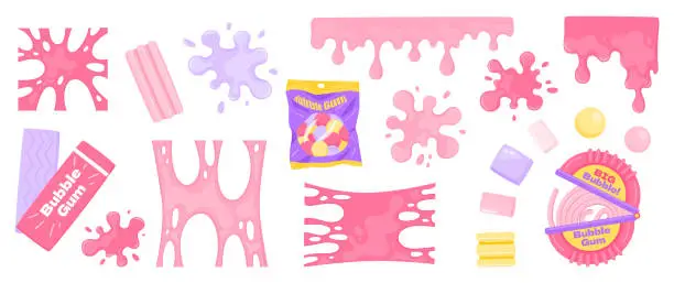 Vector illustration of Bubble gum splashes. Cartoon chewing candy pink splatters. Stain and sticky stretching bubblegum shapes. Gummy stripe and sweet dragees. Liquid borders. Chewy spots. Vector blots set
