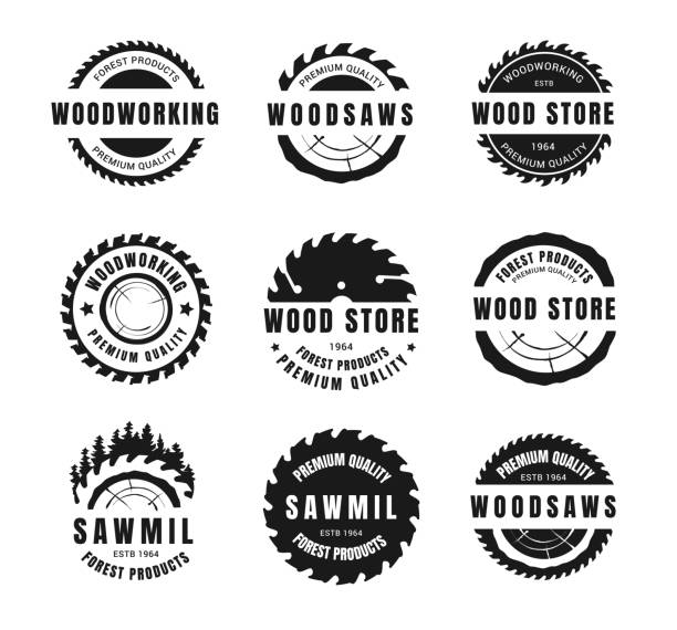 Circular saw logo. Metal blade for woodwork and carpentry silhouette badges. Sawmill and lumber house emblem. Woodworking rotating tools and logs. Vector wood store company labels set Circular saw logo. Metal blade for woodwork and carpentry silhouette badges. Sawmill and lumber house emblem. Woodworking rotating tools and tree logs. Vector wood store company black labels set tree cutting silhouette stock illustrations