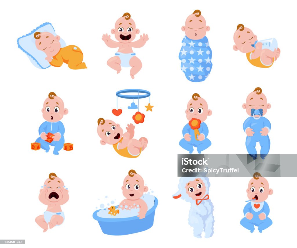 New Born Baby Cartoon Toddler Boy And Girl Characters Laughing And Crying  Sleeping Or Playing Little Kids Infants With Diapers And Pacifiers Human  Age Vector Cute Cheerful Children Stock Illustration - Download