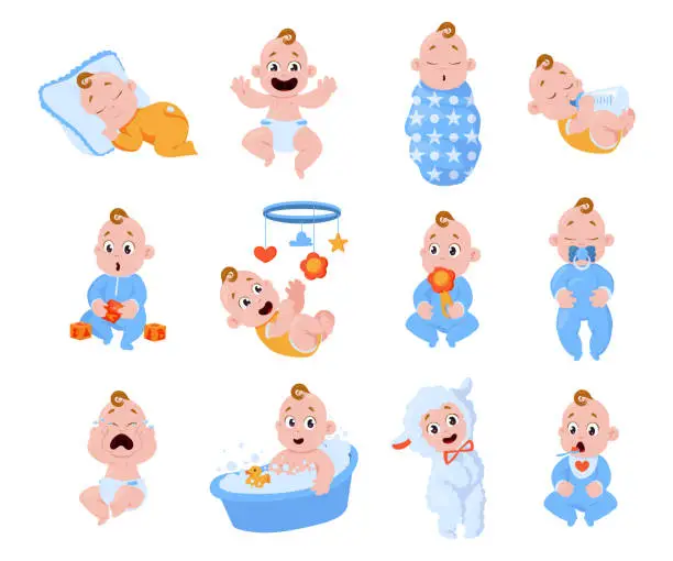 Vector illustration of New born baby. Cartoon toddler boy and girl characters laughing and crying. Sleeping or playing little kids. Infants with diapers and pacifiers. Human age. Vector cute cheerful children