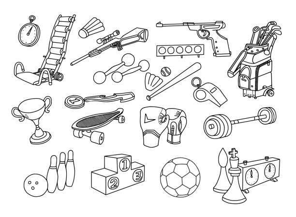 스포츠 낙서 벡터 세트 - weights boxing glove stopwatch symbol stock illustrations