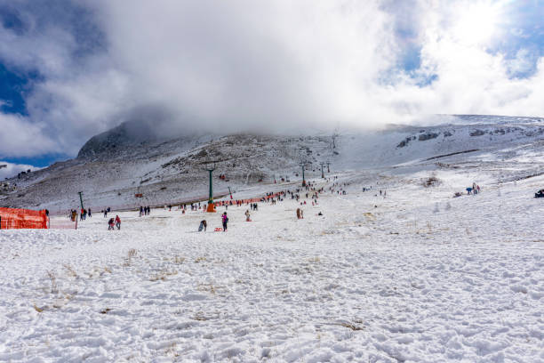 The people are enjoying the snow at  Saklıkent, which  is a winter resort, 45 kilometres from Antalya  in Turkey stock photo