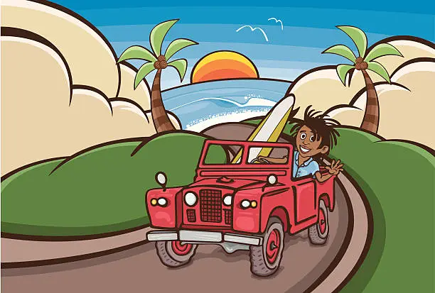 Vector illustration of Surfer in red land rover tropical beach