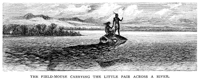 Field mouse carrying the little pair across a river - Scanned Engraving