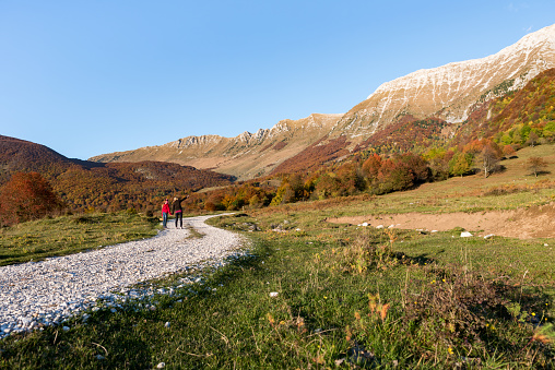 Rear View of Mother and Daughter Spending Time Together Hiking on the Alpine Meadow and Enjoying the Beautiful View of the Mountains in Autumn, Europe, Slovenia