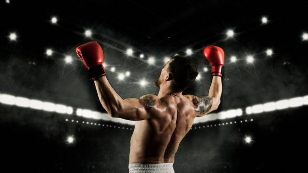 istock Boxer celebrating win on dark background. Sports banner 1361593222