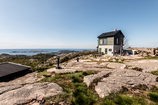 Lindesnes, Norway - August 04 2021: Skibmannsheia vantage point and its newly renovated hut.