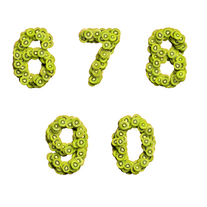 3d alphabet, set of numbers made of kiwi, 3d rendering, six, Seven, eight, nine, zero