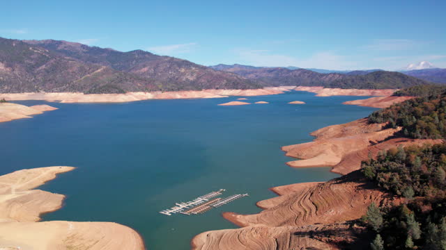 Aerial view of Lake Shasta with Mt Shasta in the Distance