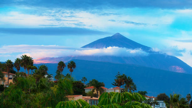 Dry volcanic landscape of Tenerife. Distant Teide Volcano stock photo