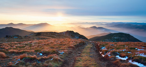 Beautiful landscape from Mount PipIvan in the morning light. Hiking. Dawn sunrise beautiful in the mountains. Location place Carpathian mountains, Ukraine, Europe. Vibrant photo wallpaper