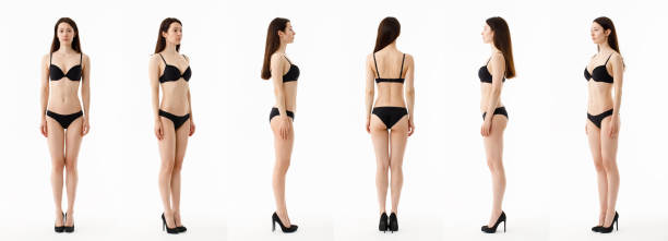 Model tests. Snap Models back view, Beautiful brunette woman in underwear, isolated on white