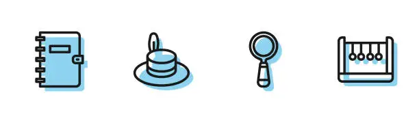 Vector illustration of Set line Magnifying glass, Spiral notebook, Man hat and Pendulum icon. Vector