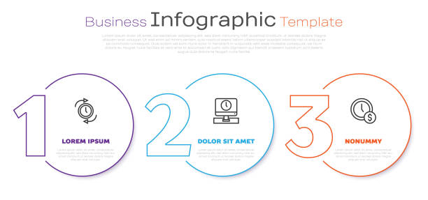 ilustraciones, imágenes clip art, dibujos animados e iconos de stock de establezca la línea reloj con flecha, monitoree el tiempo y el tiempo es dinero. plantilla de infografía empresarial. vector - time makes money