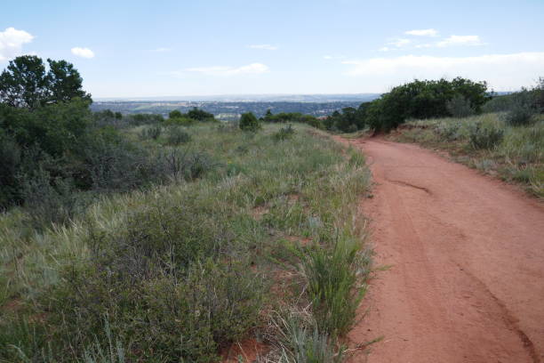 istock Dry dusty hiking trail curves through plants 1361603576
