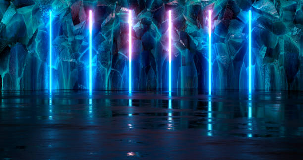 istock 3d rendering. Blue and pink neon lights set against a cracked ice wall. 1361609049