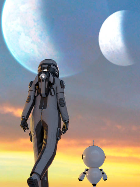 istock Space traveler with a small robot exploring a new planet 1361610088