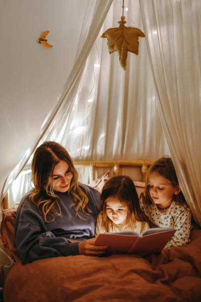 istock Mother and daughters reading book in bed before going to sleep 1361612065