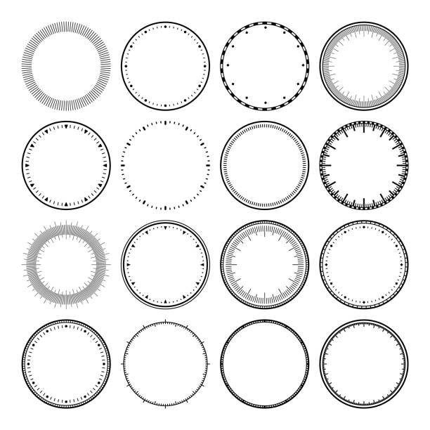 Mechanical clock faces, bezel. Watch dial with minute and hour marks. Timer or stopwatch element. Blank measuring circle scale with divisions. Vector illustration Mechanical clock faces, bezel. Watch dial with minute and hour marks. Timer or stopwatch element. Blank measuring circle scale with divisions. Vector illustration clock face stock illustrations