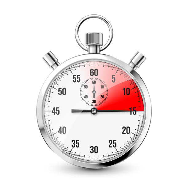 istock Realistic classic stopwatch icon. Shiny metal chronometer, time counter with dial. Red countdown timer showing minutes and seconds. Time measurement for sport, start and finish. Vector illustration 1361615143