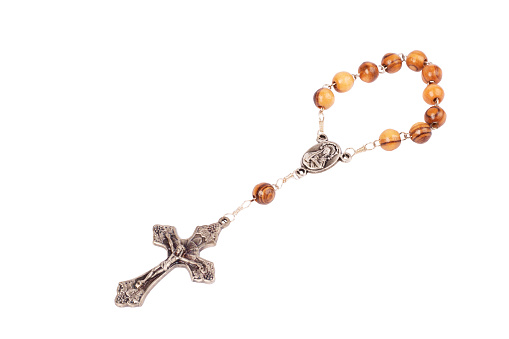 Traditional Christian holy religious wooden rosary isolated on white  background