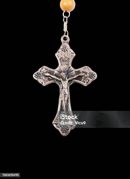 Silver Crucifix Isolated On Black Background Stock Photo - Download Image Now - Rosary Beads, Bead, Black Background