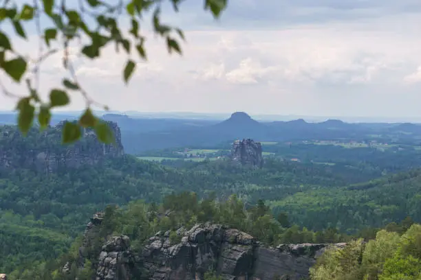 View from Carolafelsen to Falkenstein and Lilienstein on a sunny day, Saxon Switzerland, Germany