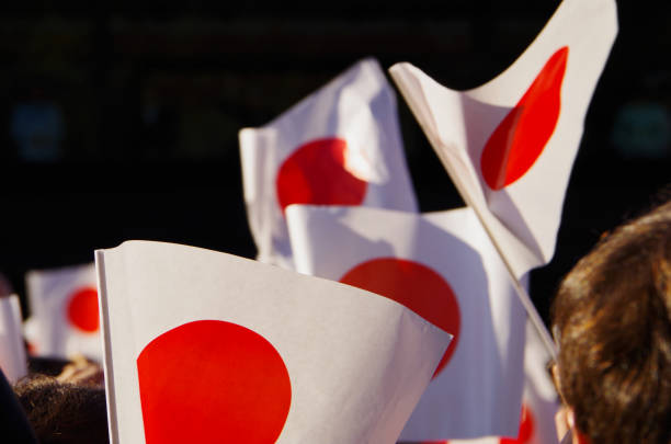 празднование, размахивающий лапами флагов - japan japanese ethnicity flag japanese flag стоковые фото и изображения