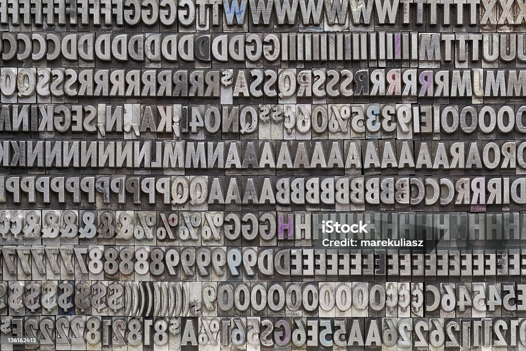 vintage metal letters and numbers background of letters, numbers and punctuation symbols in old grunge metal movable typeset Printing Press Stock Photo