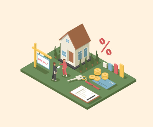 ilustrações de stock, clip art, desenhos animados e ícones de buying a property isometric vector - key mortgage house housing development