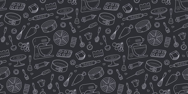 Seamless pattern with tools for making cakes, cookies and pastries. Doodle confectionery tools dough mixer, baking pan and pastry bag. Vector illustration hand drawn in chalk on blackboard background Seamless pattern with tools for making cakes, cookies and pastries. Doodle confectionery tools dough mixer, baking pan and pastry bag. Vector illustration hand drawn in chalk on blackboard background. cartoon thermometer stock illustrations