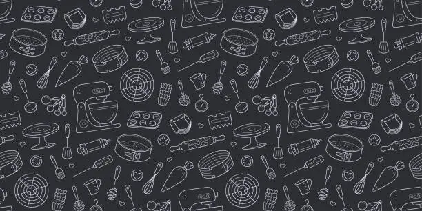 Vector illustration of Seamless pattern with tools for making cakes, cookies and pastries. Doodle confectionery tools dough mixer, baking pan and pastry bag. Vector illustration hand drawn in chalk on blackboard background