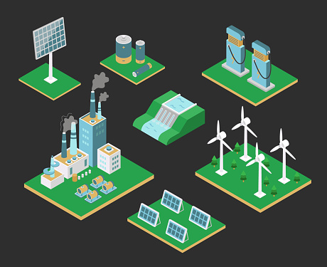 Alternative energy. Isometric vector illustration. Solar energy, wind turbines, hydroelectric power station, biofuel.